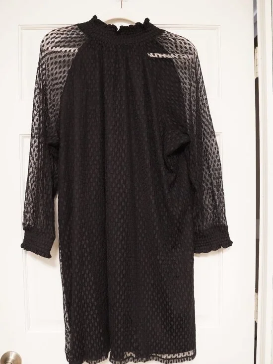Nina Leonard Black Sheer Textured Dot Mock Neck Dress 3X - Picture 2 of 3